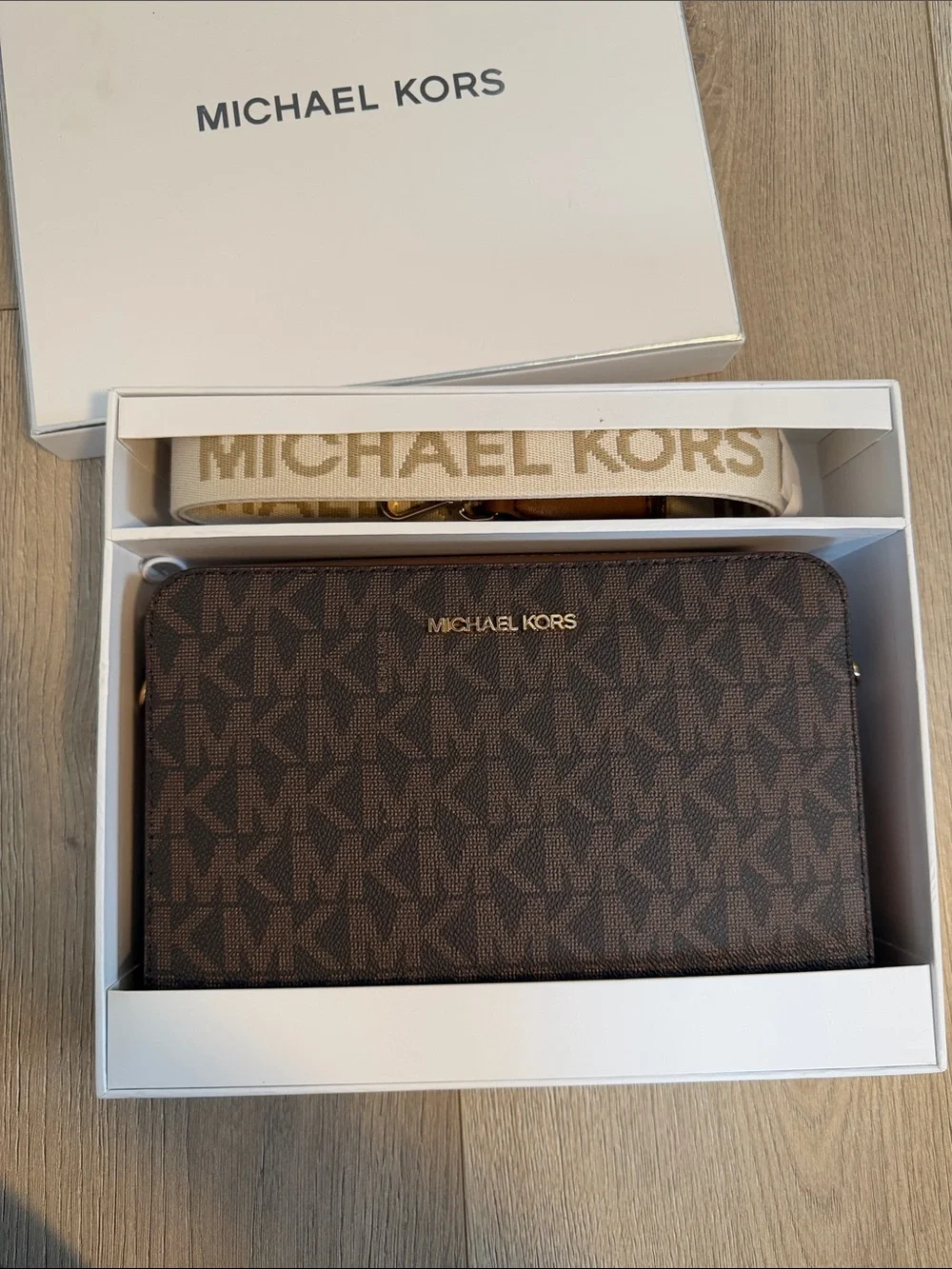 Michael Kors Brown Monogram Zip Card Holder with Beige Logo Strap
